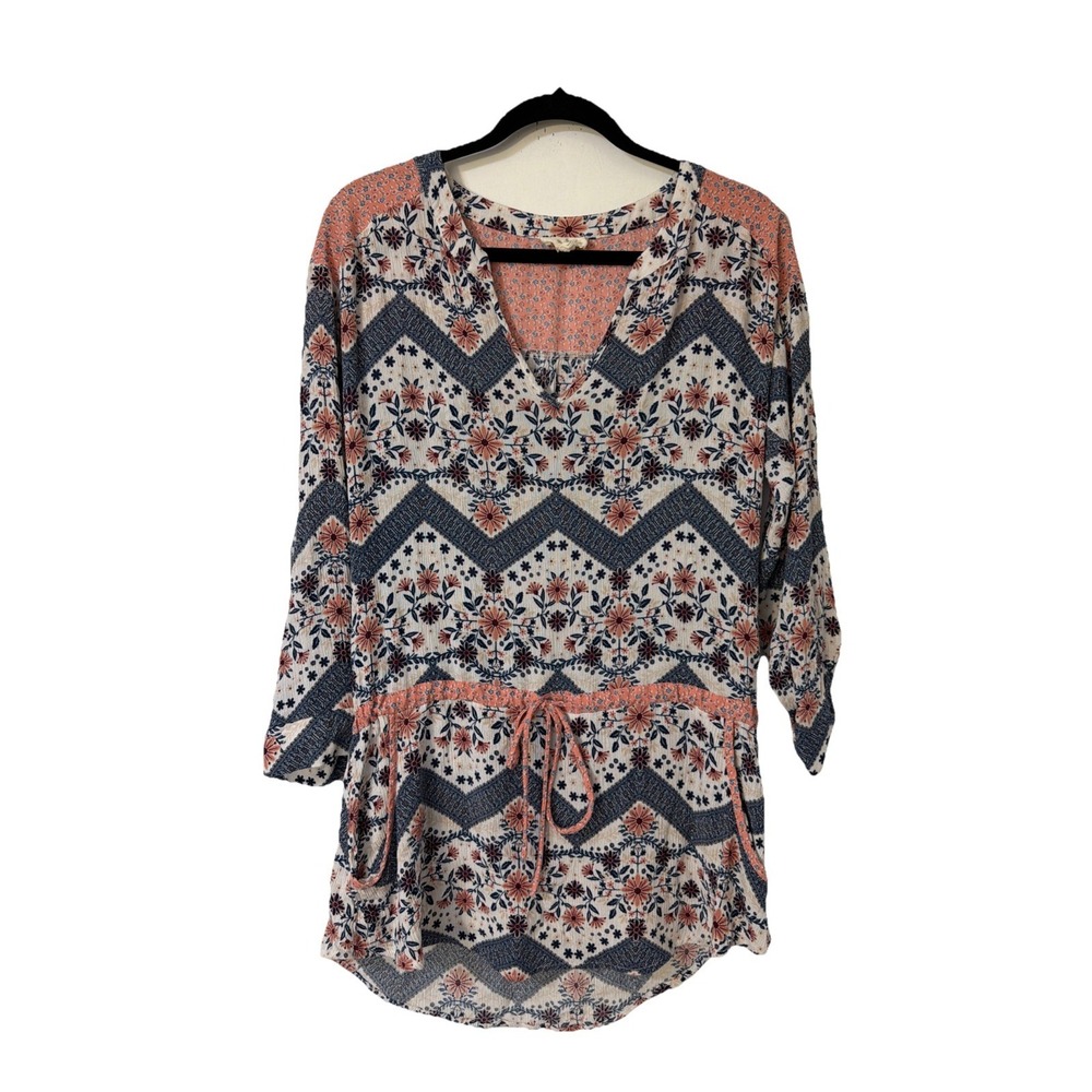 En Elly Floral Long Sleeve Drawstring Tunic Top Dress Cover Up Sz M